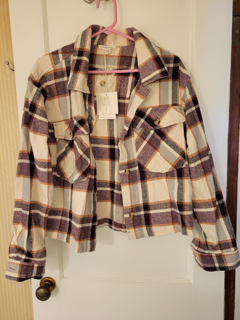 beachlunchlounge Cream, Purple & Orange Plaid Cropped Flannel Shacket